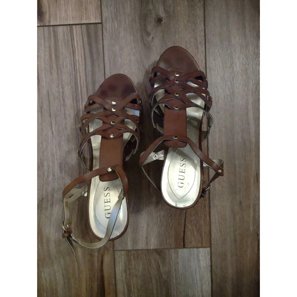 Guess Women's 9.5M Strappy Studded Brown Cork Wedge Platform Sandals